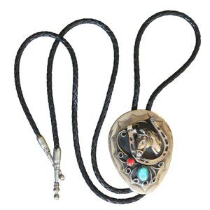 Horse Horseshoe Turquoise Coral Bolo Tie Western Rockabilly Necklace Cowboy